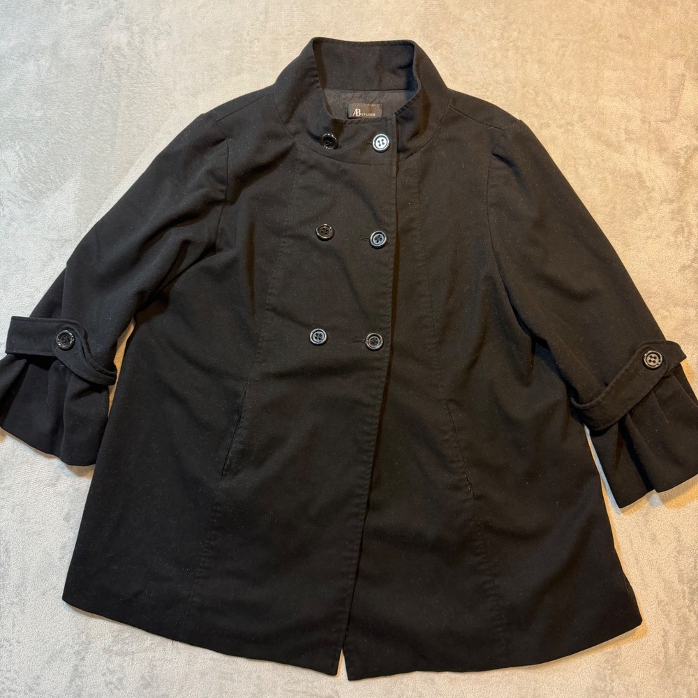 Black Double Breasted Swing Jacket Funnel Neck 3/4 Sleeve Peacoat Size 14